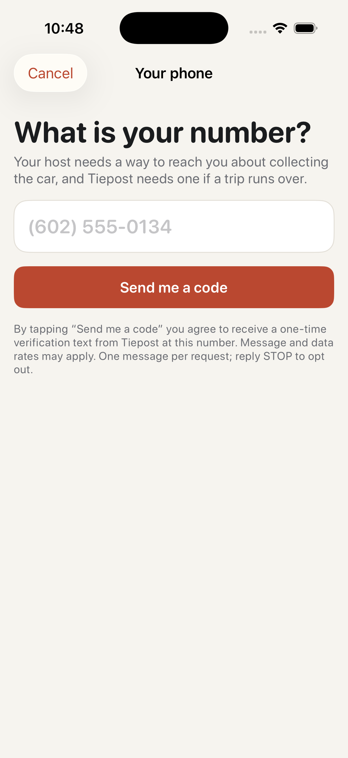 The Tiepost app asking for a phone number, with consent wording under the Send me a code button